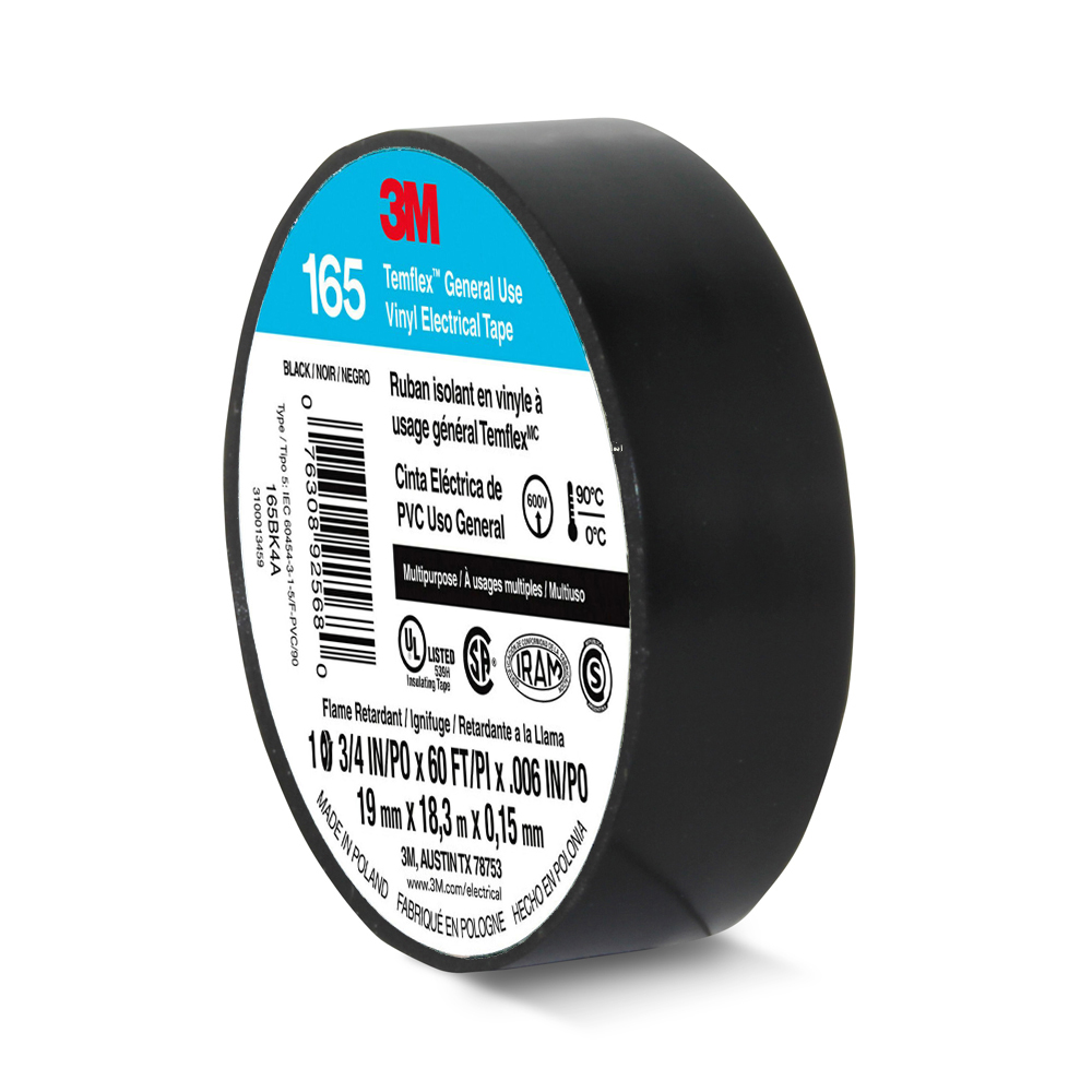 (3 ROLLS) 3M TEMFLEX 165 ELECTRICAL TAPE BLACK 3/4" x 60 FT INSULATED ELECTRIC